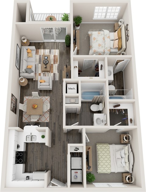 Floor plan for 2 beds, 2 baths, 1030 sqft